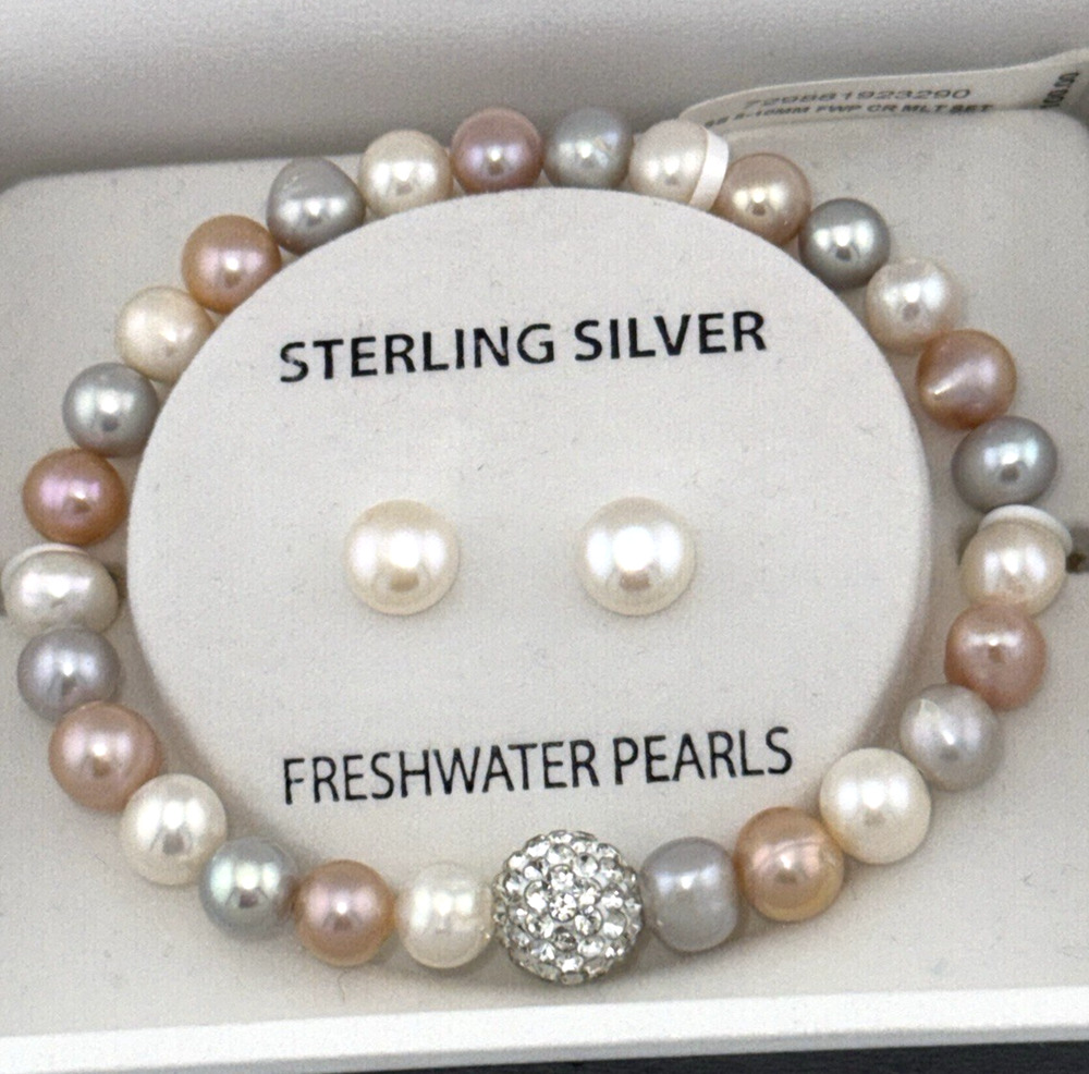 Freshwater Pearl Bracelet + Earrings Set Sterling Silver 8-10mm Crystal Fireball